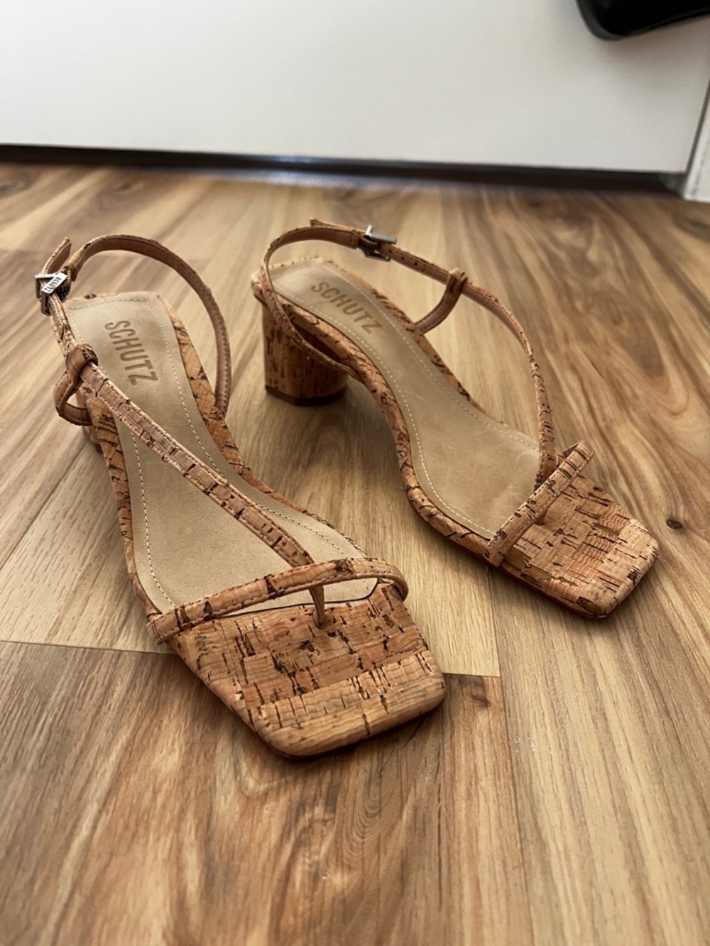 SCHUTZ Heloise Cork-Textured Tan Slingback Block Heel Sandals - Picture 5 of 6